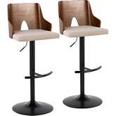 Ariana Adjustable Swivel Bar Stool in Black Metal, Walnut Wood & Beige Fabric (Set of 2)